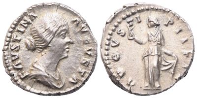 Faustina II Augusta, Denario romano coniato sotto Antonino Pio, Roma (147–161)