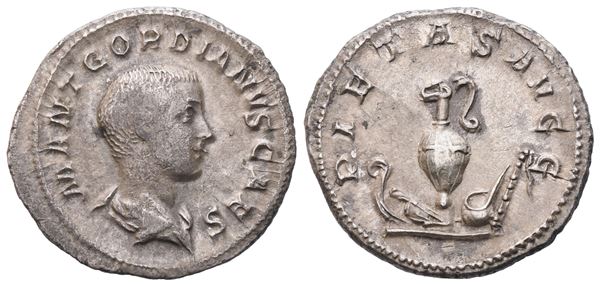 Gordian III as Caesar (238), Denarius struck under Balbinus and Pupienus, Rome, 22 April - 29 July, 238; AR (3,09 g; 19,5 mm; 6 h)
