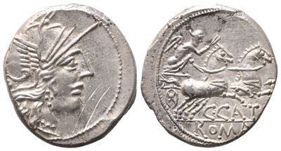 C. Porcius Cato, Denarius, 123 Bc; Ar (3,92 G; 18,2 MM; 12 H)
