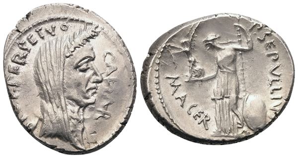 C. Iulius Caesar and P. Sepullius Macer, Denarius, 44 BC; AR (4 g; 19 mm; 3 h)