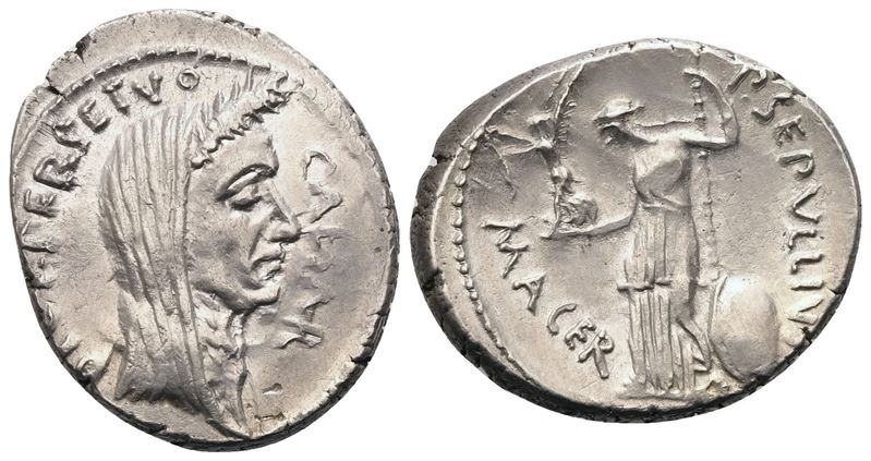 C. Iulius Caesar and P. Sepullius Macer, Denarius, 44 BC; AR (4 g; 19 mm; 3 h)
