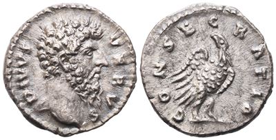 Divus Lucius Verus, Denario con testa nuda; rovescio con aquila della Consecratio, Roma 169