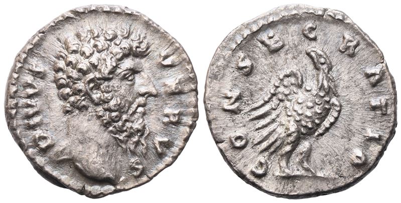 Divus Lucius Verus, Denario con testa nuda; rovescio con aquila della Consecratio, Roma 169