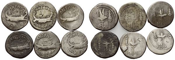 Lot of 6 Mark Antony Legionary denarii. Lot sold as is, no returns.