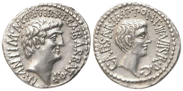 Marcus Antonius and C. Caesar Octavianus with M. Barbatius, Denarius, Mint moving with M. Antonius, 41 BC; AR (3,42 g; 19,2 mm; 12 h)