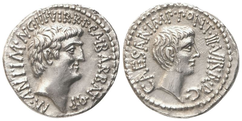 Marcus Antonius and C. Caesar Octavianus with M. Barbatius, Denarius, Mint moving with M. Antoniu...