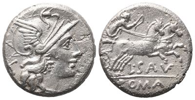 L. Saufeius, Denarius, 152 Bc; Ar (3,32 G; 16,3 MM; 4 H)
