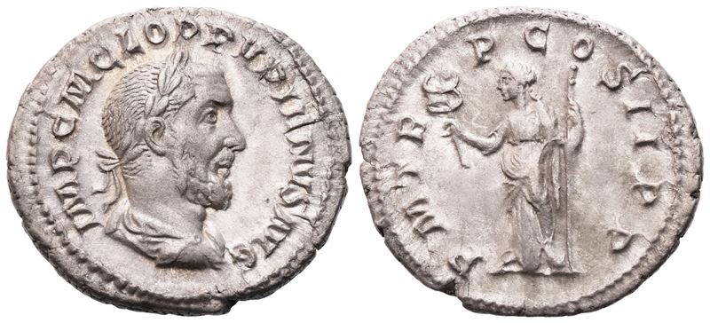 Pupienus, Denario, Roma, c. aprile–giugno 238 d.C.