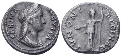 Sabina Augusta, Denario romano (134 d.C.), con busto velato a destra e Giunone stante