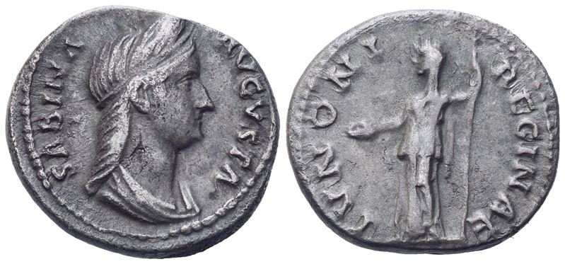 Sabina Augusta, Denario romano (134 d.C.), con busto velato a destra e Giunone stante