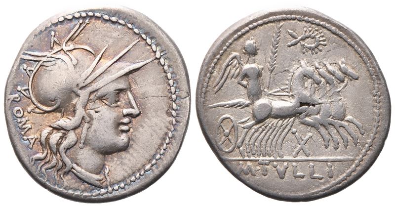 M. Tullius, Denarius, 120 Bc; Ar (3,90 G; 21 MM; 1 H)