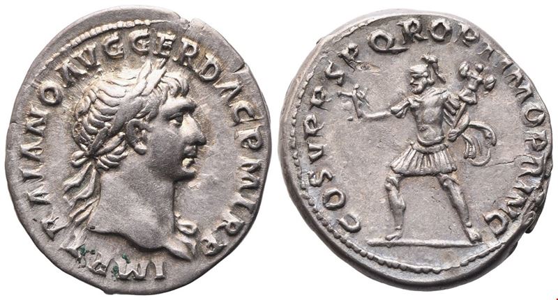 Traiano (98–117), Denario romano, R’, 103–111 (AR, 3,26 g)