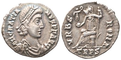 Gratiano (367-383), Siliqua in argento (AR) con testa laureata e Vittoria su globo