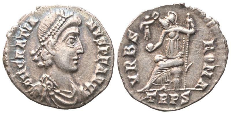 Gratiano (367-383), Siliqua in argento (AR) con testa laureata e Vittoria su globo