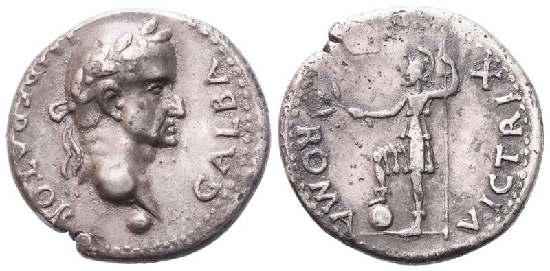 Galba, Denario imperiale, rovescio Roma Vittoriosa (Tarraco ?), circa 68-69 d.C.