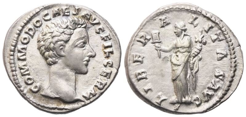 Commodus Caesar, Denario romano (impronta sotto Marco Aurelio), 175 d.C. (AR)