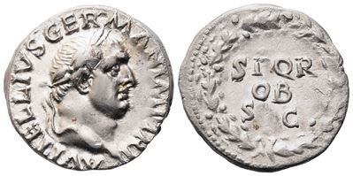 Vitellius, Denario romano (AR) con testa laureata a destra; S P Q R / corona civica (OB C S), Rom...