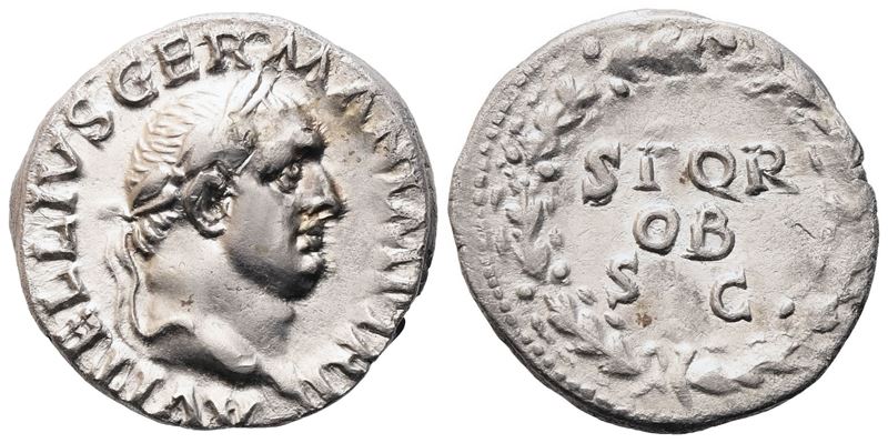 Vitellius, Denario romano (AR) con testa laureata a destra; S P Q R / corona civica (OB C S), Rom...