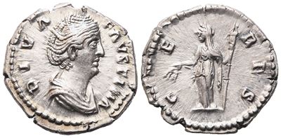 Moneta romana, Diva Faustina I, Denario coniato sotto Antonino Pio, Roma (dopo 141)
