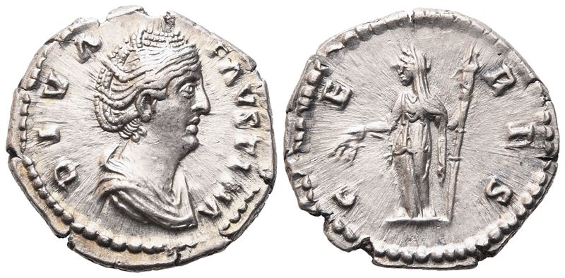 Moneta romana, Diva Faustina I, Denario coniato sotto Antonino Pio, Roma (dopo 141)
