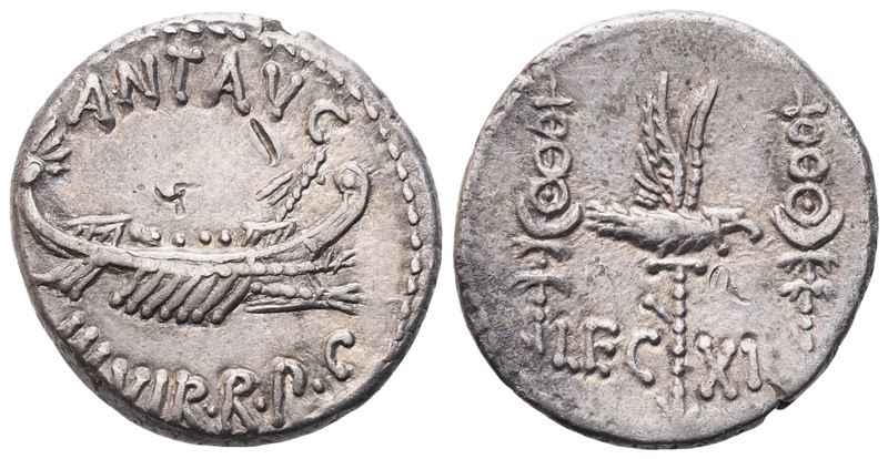 Marcus Antonius, Denario romano, 32–31 a.C., con leggenda ANT·AVG e simbolo della XI legione