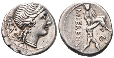 M. Herennius, Denarius, 108-107 Bc; Ar (3,82 G; 17,5 MM; 11 H)