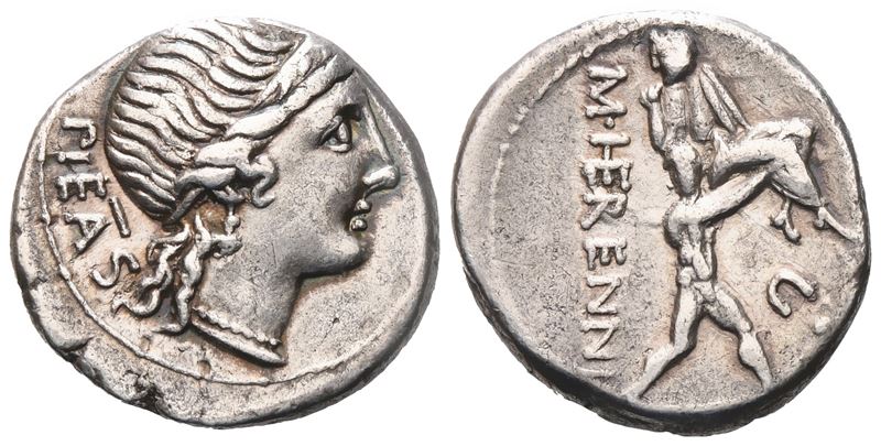 M. Herennius, Denarius, 108-107 Bc; Ar (3,82 G; 17,5 MM; 11 H)