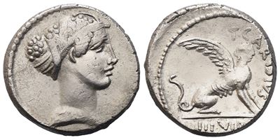 T. Carisius, Denarius, 46 Bc; Ar (3,84 G; 17 MM; 11 H)
