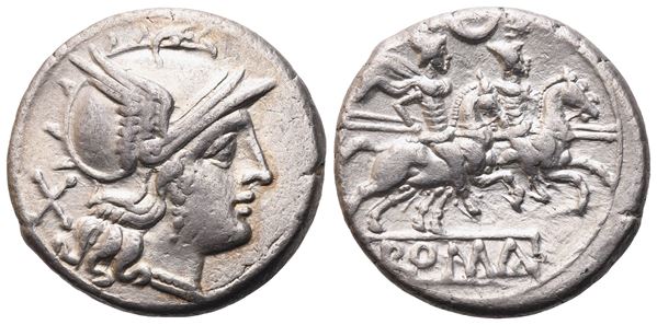 Anonymous, Denarius (Crescent First Series), Uncertain Campanian mint (Capua?), 207 BC; AR (4,27 g; 18 mm; 6 h)
