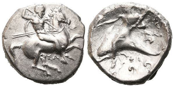 Southern Apulia, Tarentum, c. 290-281 BC. AR Nomos (21 mm, 7.82 g).  - Auction GREEK & ROMAN PROVINCIAL COINS AND NUMISMATIC LITERATURE Including a wide selection of Alexandrian Coins from the Dattari Collection - Bertolami Fine Art - Prague
