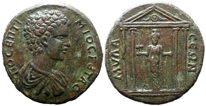 Geta, Æ (37 mm) – Caria, Mylasa, busto laureato e corazzato; rovescio con tempio tetrastilo di Ze...