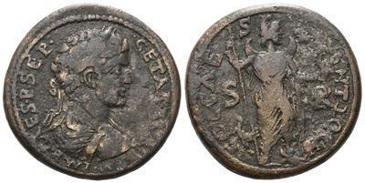 Geta, Æ di Antiochia in Pisidia (età imperiale) – busto laureato e corazza, rovescio con Mên su g...