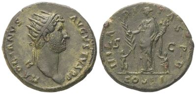 Adriano (117–138 d.C.), Dupondio di Roma (125–128 d.C.) e asse Æ, testa radiata al dritto e perso...