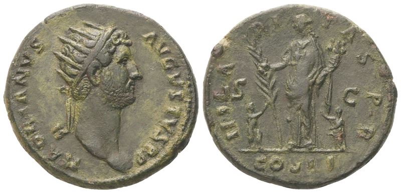 Adriano (117–138 d.C.), Dupondio di Roma (125–128 d.C.) e asse Æ, testa radiata al dritto e perso...