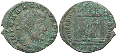 Massenzio (306–312), Follis di Aquileia, emissione con testa laureata e Roma seduta, 307