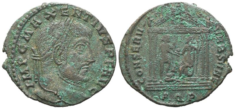 Massenzio (306–312), Follis di Aquileia, emissione con testa laureata e Roma seduta, 307
