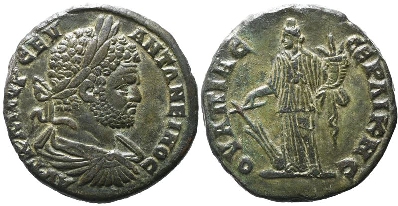 Caracalla (198-217), Serdica (Tracia), Æ con busto laureato e corazza, Tyche con timone e cornuco...
