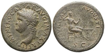 Nero (54-68), Dupondius, Lugdunum, 67; Æ (13,64 G; 30 MM; 6 H)