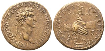 Nerva (96–98), Sestertius romano, Roma (97), Æ con ritratto laureato e Concordia Exercitvm