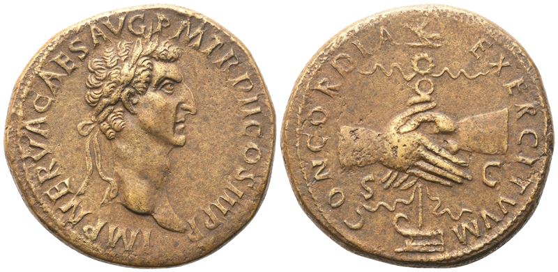 Nerva (96–98), Sestertius romano, Roma (97), Æ con ritratto laureato e Concordia Exercitvm