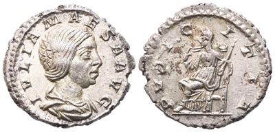 IVLIA MAESA (Julia Maesa), Denario romano con Pudicitia, colpito sotto Elagabalus, c. 221–222 d.C...