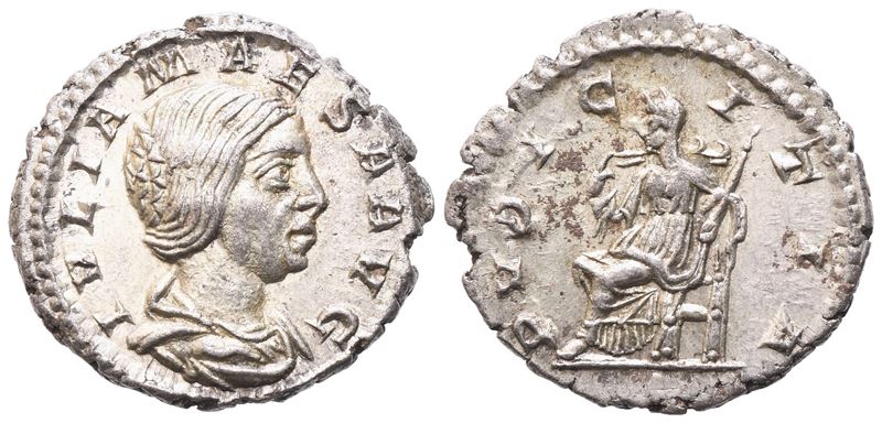 IVLIA MAESA (Julia Maesa), Denario romano con Pudicitia, colpito sotto Elagabalus, c. 221–222 d.C...
