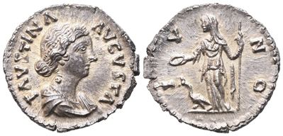 Faustina II, Denario coniato sotto Marco Aurelio, Roma, circa 161–175 d.C. (AR)