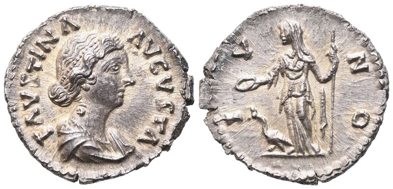Faustina II, Denario coniato sotto Marco Aurelio, Roma, circa 161–175 d.C. (AR)