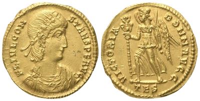 Constans (337–350), Solidus in oro, Tessalonica (AV) — Dritto: busto laureato/coronamento con dia...