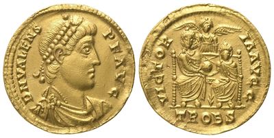 Valens (364–378), Solidus — Treviri (AV) [D/ D N VALENS P F AVG; R/ VICTOR-IA AVGG]