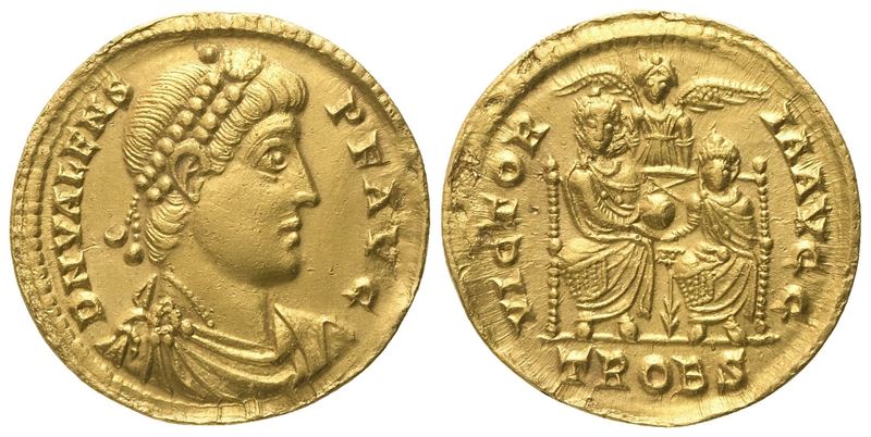 Valens (364–378), Solidus — Treviri (AV) [D/ D N VALENS P F AVG; R/ VICTOR-IA AVGG]