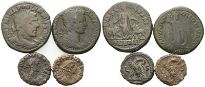 Raccolta di 4 monete romane provinciali in bronzo (Æ) e monete BI