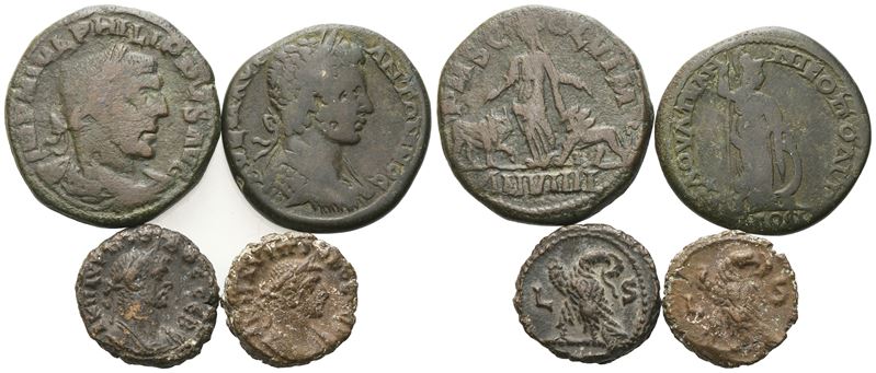 Raccolta di 4 monete romane provinciali in bronzo (Æ) e monete BI