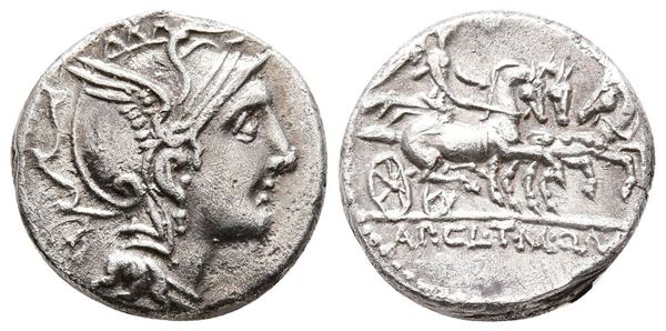 Appius Claudius Pulcher, T. Manlius Mancius and Q. Urbinius, Rome, 111-110 BC. AR Denarius (16 mm, 3.83 g).